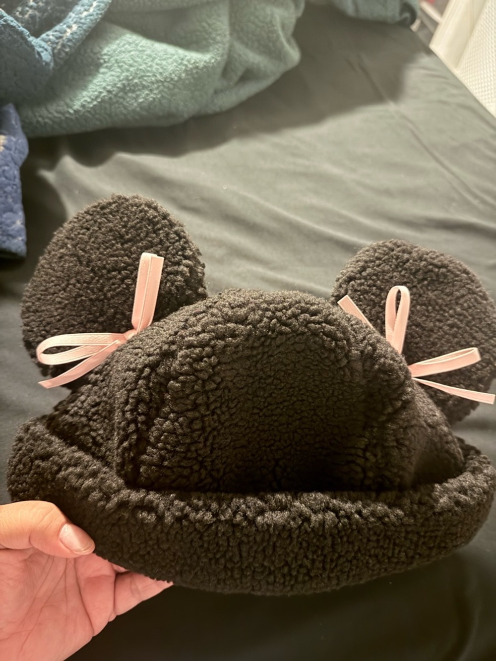 Disney Black Sherpa Bear Ear Beanie with Pink Ribbon Bows